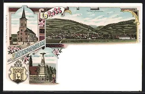 Lithographie Kaltennordheim, Krieger-Denkmal, Kirche, Totalansicht aus der Vogelschau & Wappen