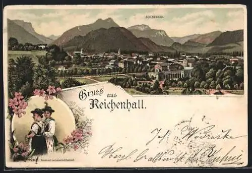 Lithographie Reichenhall, Gesamtansicht aus der Ferne, Zwei Frauen in Tracht