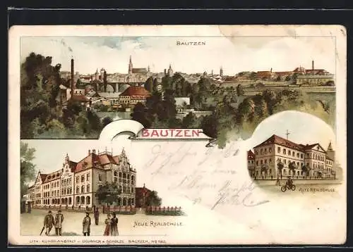 Lithographie Bautzen, Einweihung neue Realschule 1901, neue & alte Realschule, Stadtpanorama