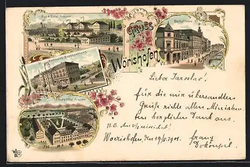 Lithographie Wörishofen, Bad und Hotel Kreuzer, Hartmanns Buchhandlung, Bachstrasse