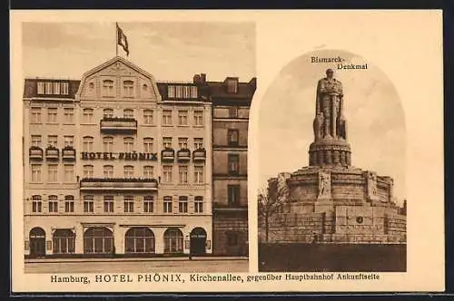 AK Hamburg-St.Georg, Hotel Phönix, Bes. Otto Glismann, Kirchenallee, Bismarck-Denkmal