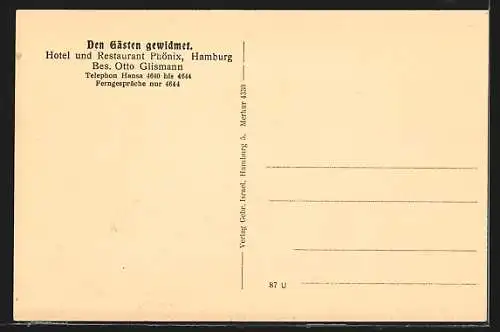 AK Hamburg-St.Georg, Hotel Phönix, Bes. Otto Glismann, Kirchenallee, Bismarck-Denkmal