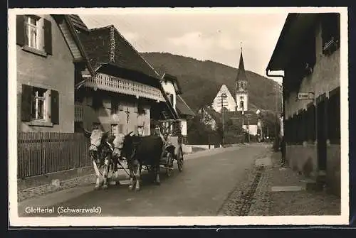 AK Glottertal /Schwarzwald, Strassenpartie mit Kuhkutsche und Friseur