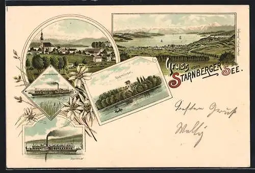 Lithographie Starnberg, Roseninsel, Dampfer Wittelsbach und Luitpold