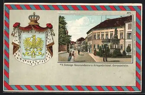 Passepartout-Lithographie Germersheim, Blick auf K. Festungskommandantur & Kriegerdenkmal, Wappen