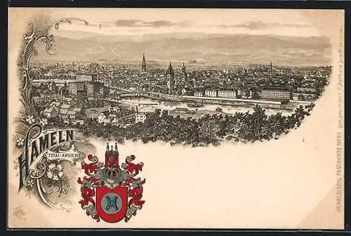 Lithographie Hameln, Totalansicht der Stadt, Wappen