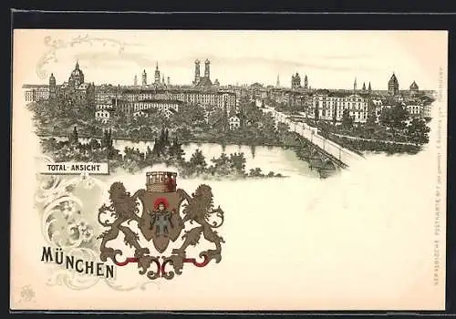 Lithographie München, Totalansicht mit Wappen