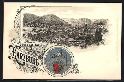 Passepartout-Lithographie Bad Harzburg, Ortsansicht mit Stadtwappen