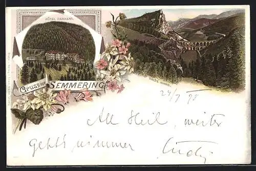 Lithographie Semmering, Hotel Panhans, Kalte Rinne mit Viadukt