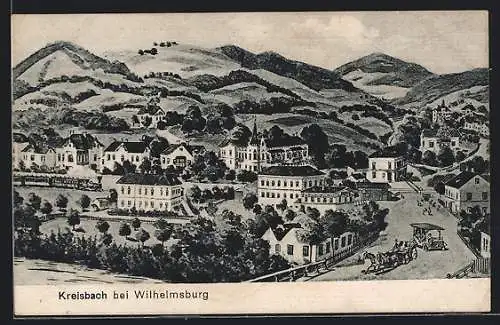 AK Kreisbach bei Wilhelmsburg, Ortsansicht mit einfahrender Lok