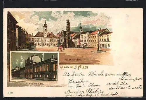 Lithographie St. Pölten, Rathhausplatz und Staatsbahnhof