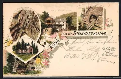 Lithographie Weissenbach, Gasthaus beim Eingang zur Steinwandklamm, Schutzhaus aus dem Kreuth, Aufstieg