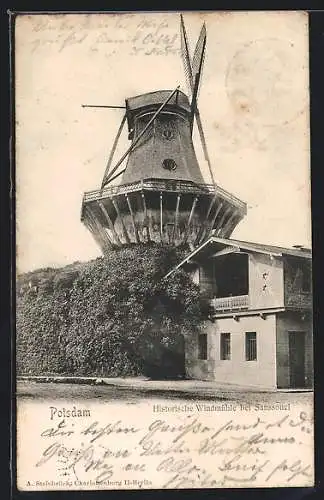 AK Potsdam, Historische Windmühle bei Sanssouci, mit Haus an der Strasse