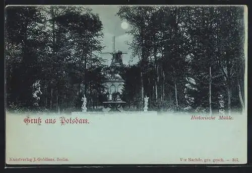Mondschein-AK Potsdam, Blick zur Historischen Mühle