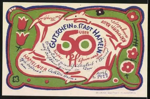 Notgeld Hameln 1922, 50 Pfennig, Rattenfänger