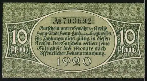 Notgeld Bonn 1920, 10 Pfennig, Männer wuchten einen Felsen