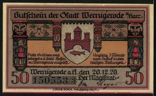Notgeld Wernigerode am Harz 1920, 50 Pfennig, Ortspartie, Wappen