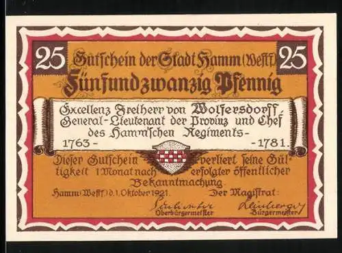 Notgeld Hamm /Westf. 1921, 25 Pfennig, General C. F. von Wolfersdorff