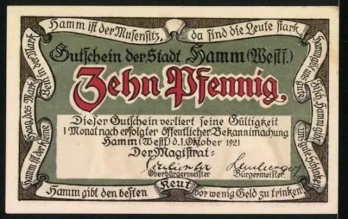 Notgeld Hamm /Westf. 1921, 10 Pfennig, Hammer Keut