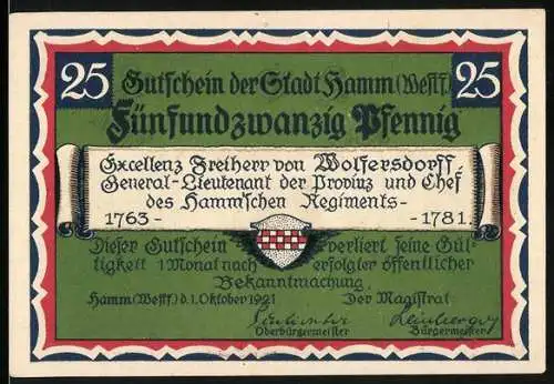 Notgeld Hamm /Westf. 1921, 25 Pfennig, General C. F. von Wolfersdorff