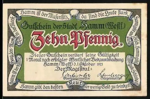 Notgeld Hamm /Westf. 1921, 10 Pfennig, Hammer Keut