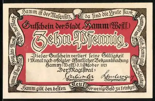 Notgeld Hamm /Westf. 1921, 10 Pfennig, Hammer Keut
