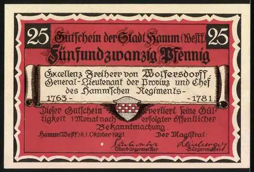 Notgeld Hamm /Westf. 1921, 25 Pfennig, General C. F. von Wolfersdorff