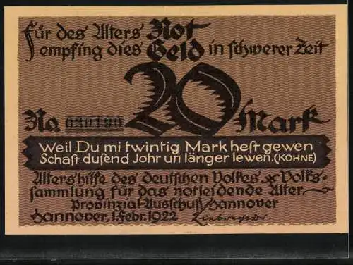 Notgeld Hannover 1922, 20 Mark, Gustav Kohne