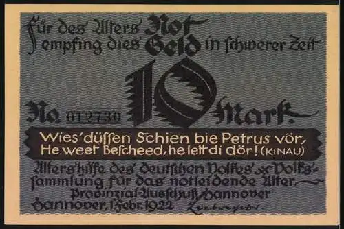 Notgeld Hannover 1922, 10 Mark, Rudolf Kinau