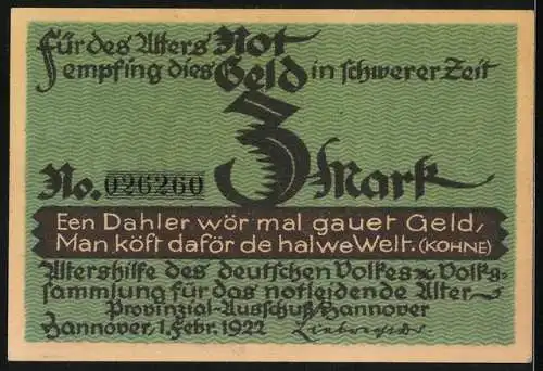 Notgeld Hannover 1922, 3 Mark, Heinrich Sohnrey