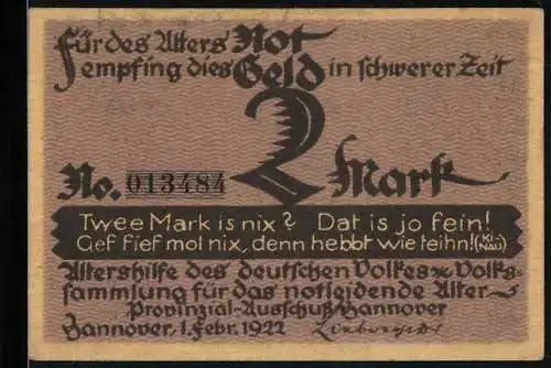 Notgeld Hannover 1922, 2 Mark, Lulu v. Strauss u. Torney