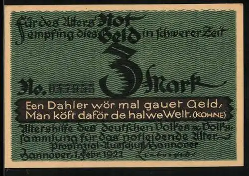 Notgeld Hannover 1922, 3 Mark, Heinrich Sohnrey