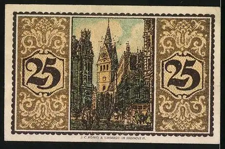 Notgeld Hannover 1921, 25 Pfennig, Kirche mit Strassenpartie