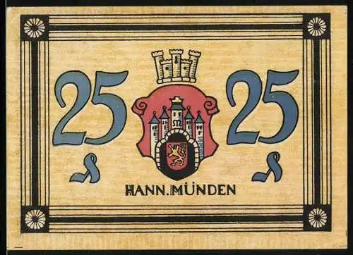 Notgeld Hann. Münden, 25 Pfennig, Wappen, Ortsansicht von 1622