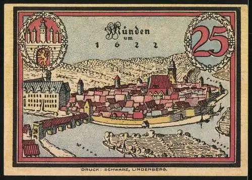 Notgeld Hann. Münden, 25 Pfennig, Wappen, Ortsansicht von 1622