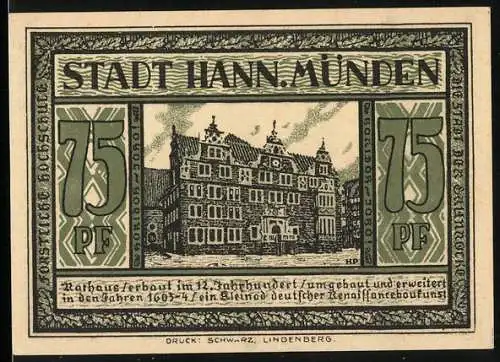 Notgeld Hann. Münden, 75 Pfennig, Rathaus, St. Katharinen-Läuten