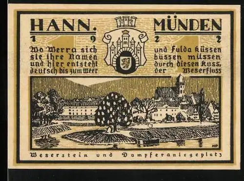 Notgeld Hann. Münden 1922, 1 Mark, Weserstein und Dampferanlegeplatz