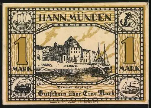 Notgeld Hann. Münden 1922, 1 Mark, Weserstein und Dampferanlegeplatz