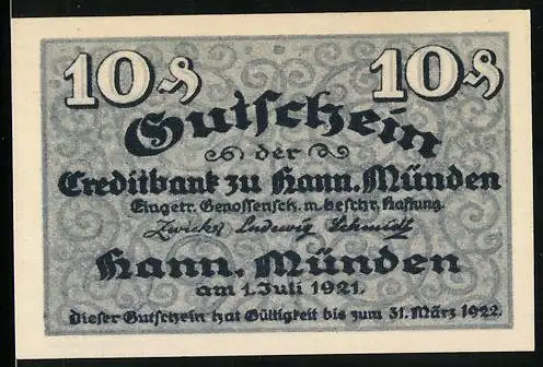 Notgeld Hann. Münden 1921, 10 Pfennig, Grabmal Andreas Eisenbart