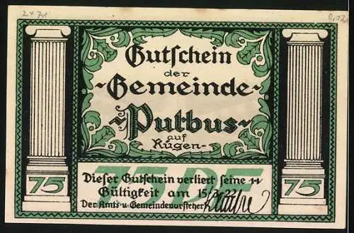 Notgeld Putbus /Rügen 1922, 75 Pfennig, Parkpartie