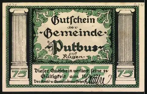 Notgeld Putbus /Rügen 1922, 75 Pfennig, Kirche