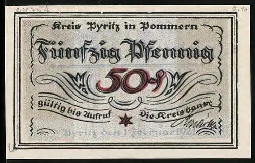 Notgeld Pyritz i. Pommern 1921, 50 Pfennig, Bauern in Tracht
