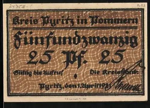 Notgeld Pyritz i. Pommern 1921, 25 Pfennig, Weizacker