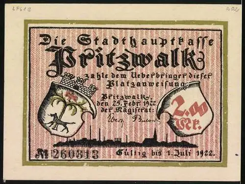 Notgeld Pritzwalk 1922, 2 Mark, Bürger mit dem gefangenen Heine