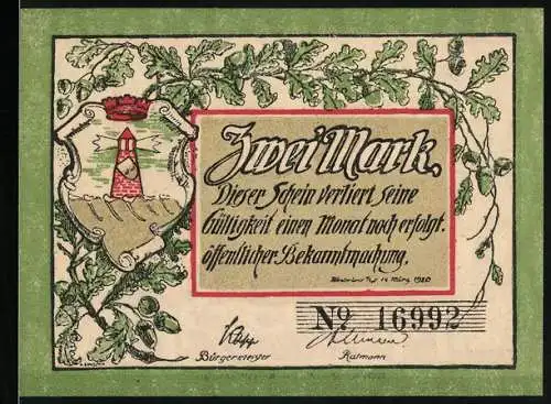 Notgeld Westerland /Sylt 1920, 2 Mark, Wappen, Sylt bleibt deutsch!