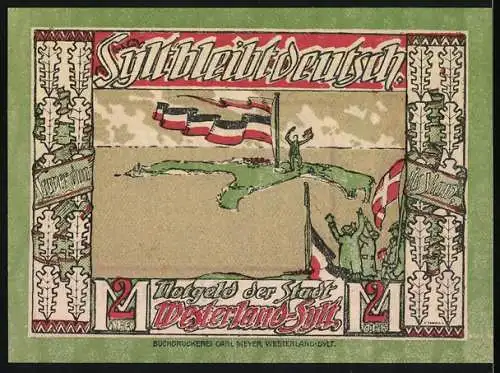 Notgeld Westerland /Sylt 1920, 2 Mark, Wappen, Sylt bleibt deutsch!