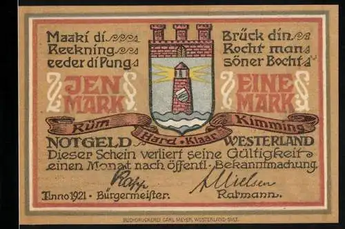 Notgeld Westerland a. Sylt 1921, 1 Mark, Wappen