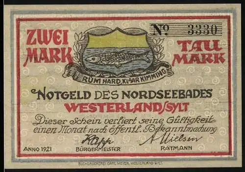 Notgeld Westerland /Sylt 1921, 2 Mark, Pidder Lüng und der Amtmann von Tondern