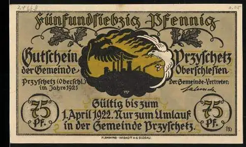 Notgeld Przyschetz /Oberschl. 1921, 75 Pfennig, Wappen, Fabrik