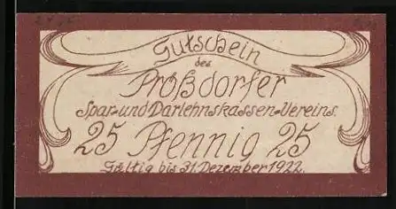 Notgeld Prössdorf 1922, 25 Pfennig, Wappen, Kriegerdenkmal